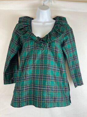 Devon Baer Blouse XS Green Black White Yellow Plaid Ruffle Collar Long 3/4 Sleev